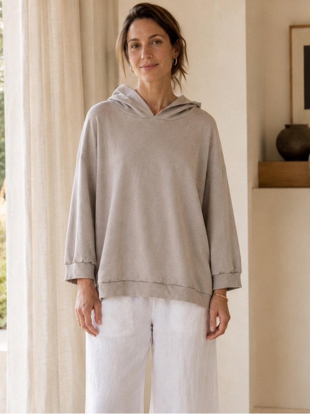 Bryn Walker Cotton Hoodie Beige Oversized Dolman Pullover Small